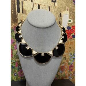 WHBM Bib Necklace Black Enamel Gold Tone  Art Deco Geometric Statement